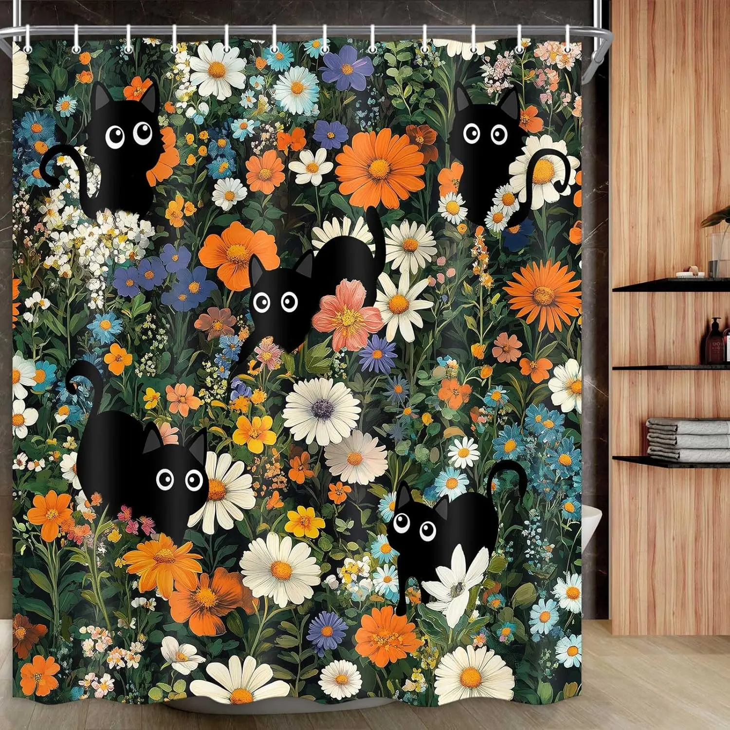

Cat Shower Curtain, Funny Boho Cats Floral Shower Curtains for Bathroom, Cute Black Cat Colorful Flowers Aesthetic Animal