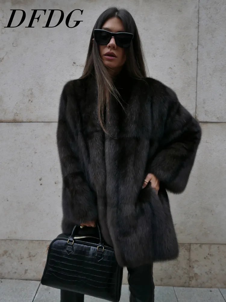 DFDG femmes 2025 automne hiver élégant luxe fausse fourrure manteau épaissi col montant revers à manches longues chaud élégant manteau de fourrure
