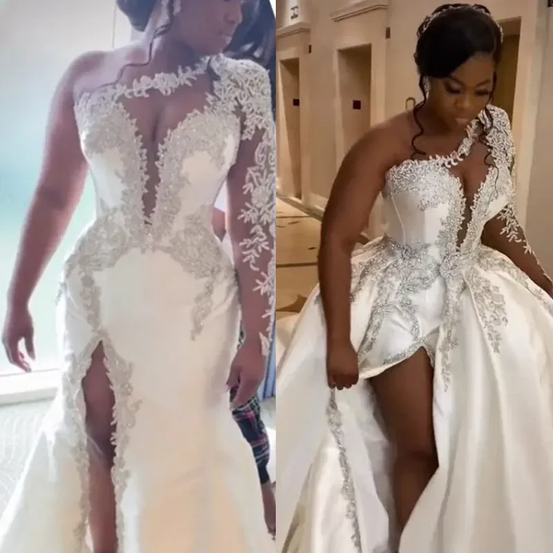 

Customized One Shoulder Satin Wedding Dress With Detachable Train Long Seeve Beaded Lace Appliques Sexy African Bride Gown Wear