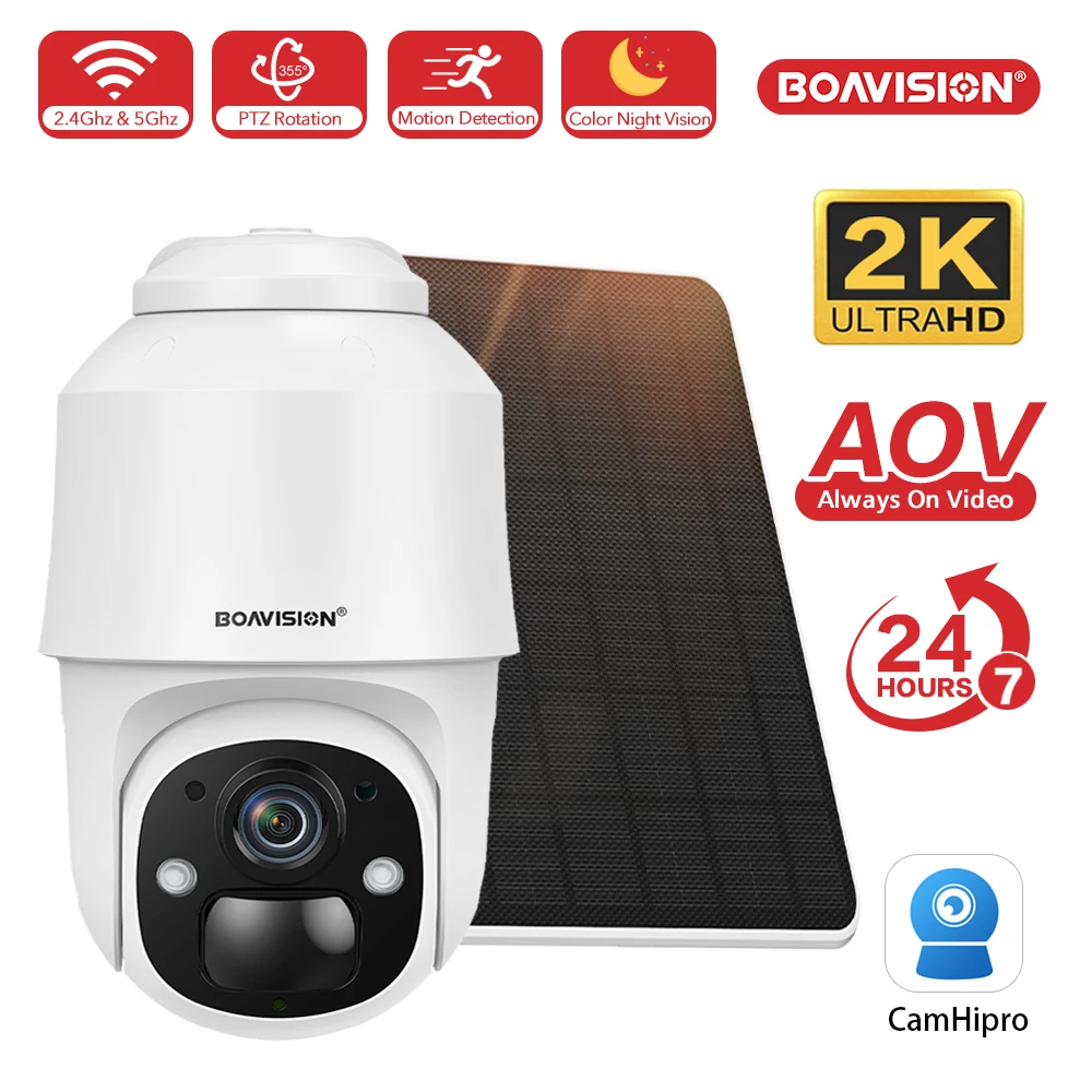 WiFi Solar Panel Security Camera AOV 3MP Build in Rechargeable Battery Support 2.4Ghz&5Ghz Dual-band Wifi Solar Powered Camera