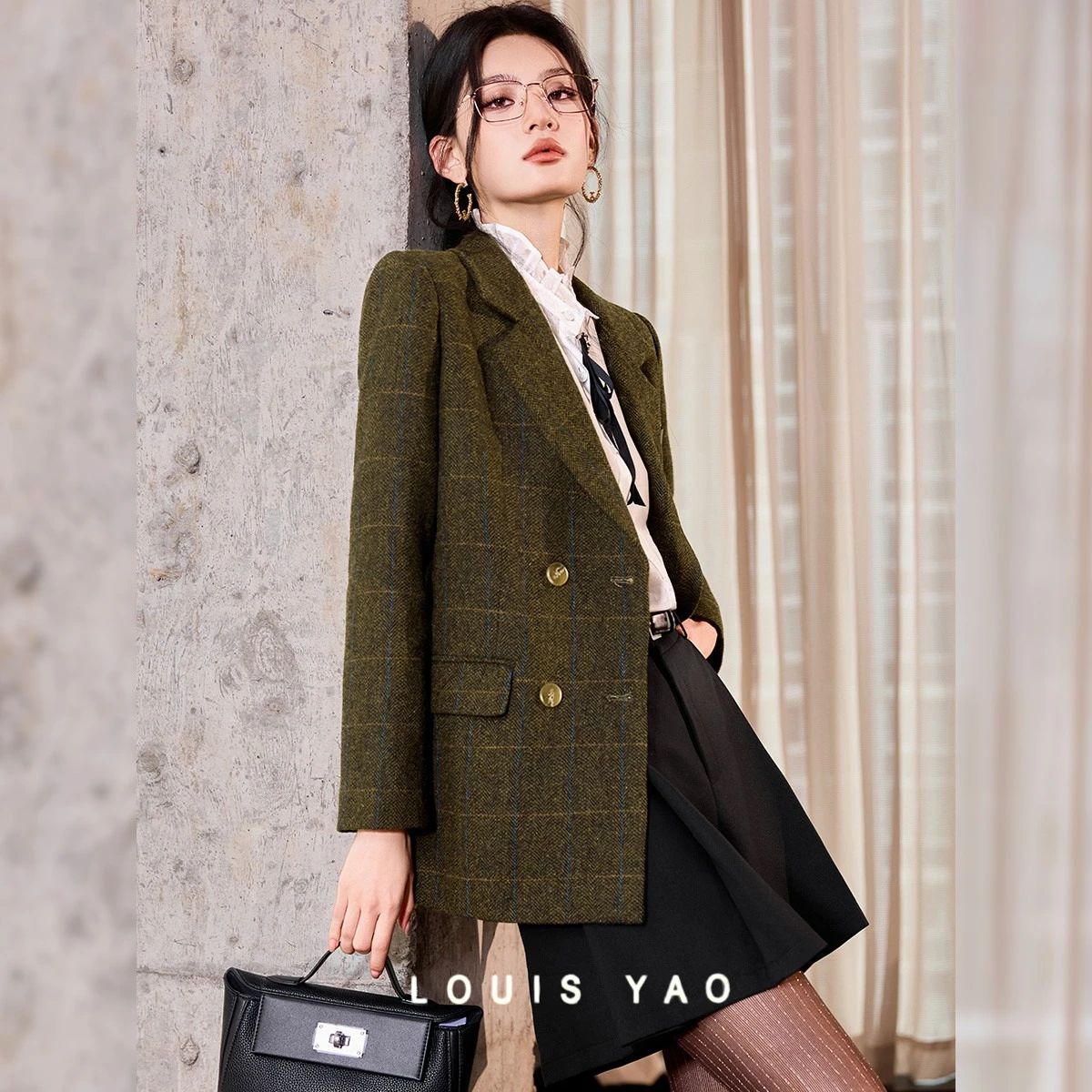 

LOUIS YAO Wool-Blend Plaid Women's Blazer 2025 Winter England Style Coats Lapel Double Suit Warm Thick Suit Jacket Chic Wear