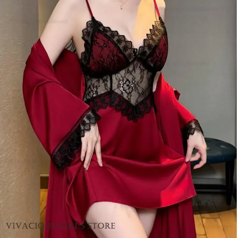 

Sexy Female 2PCS Robe Set Nightgown Hollow Out Lace Lingerie Suspender Nightdress Women's Sleepwear Summer Silk Satin Homewear