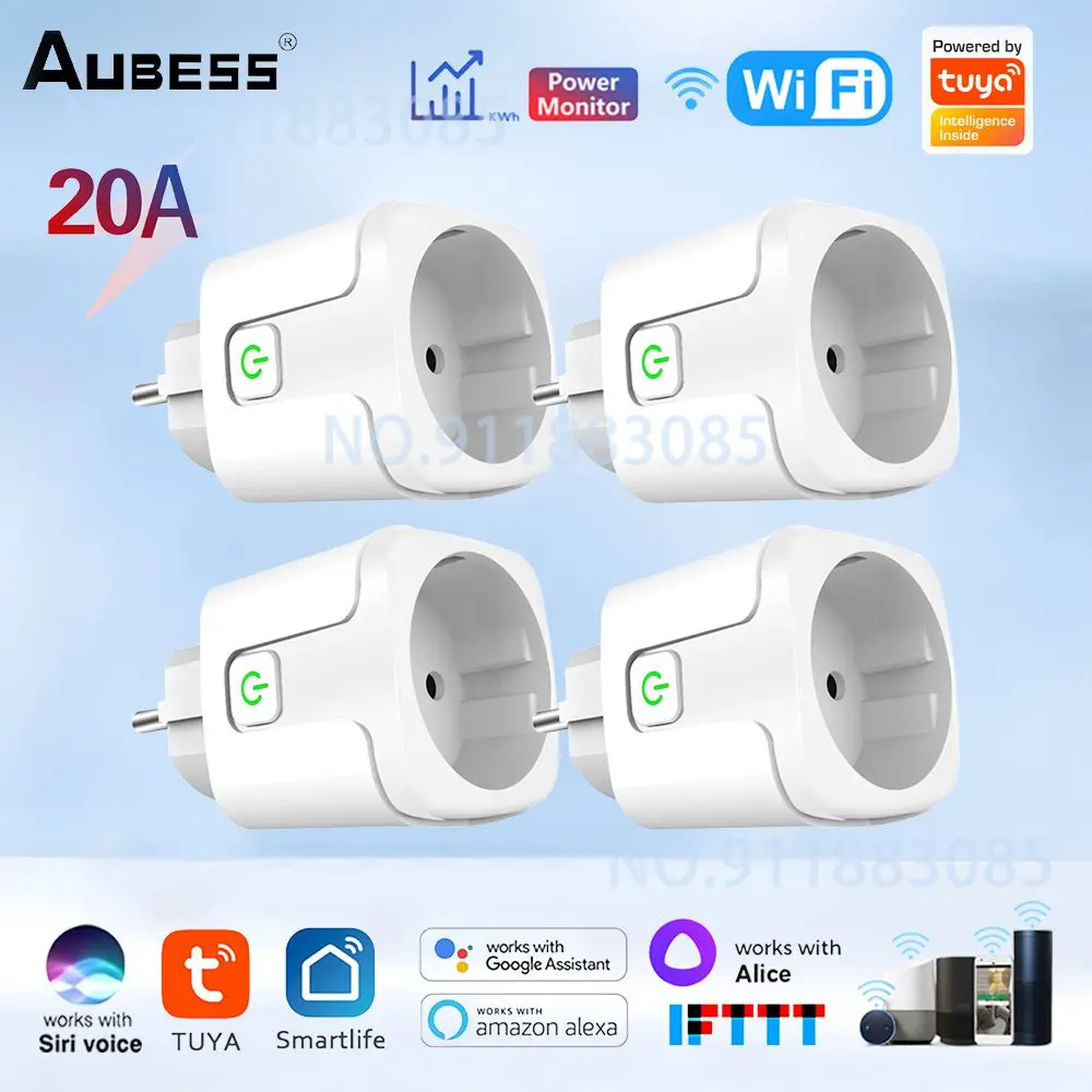 Aubess 20A Tuya Smart EU Plug With Power Monitoring Wireless Voice Remote Control Socket Support Alexa Google Assistant Yandex