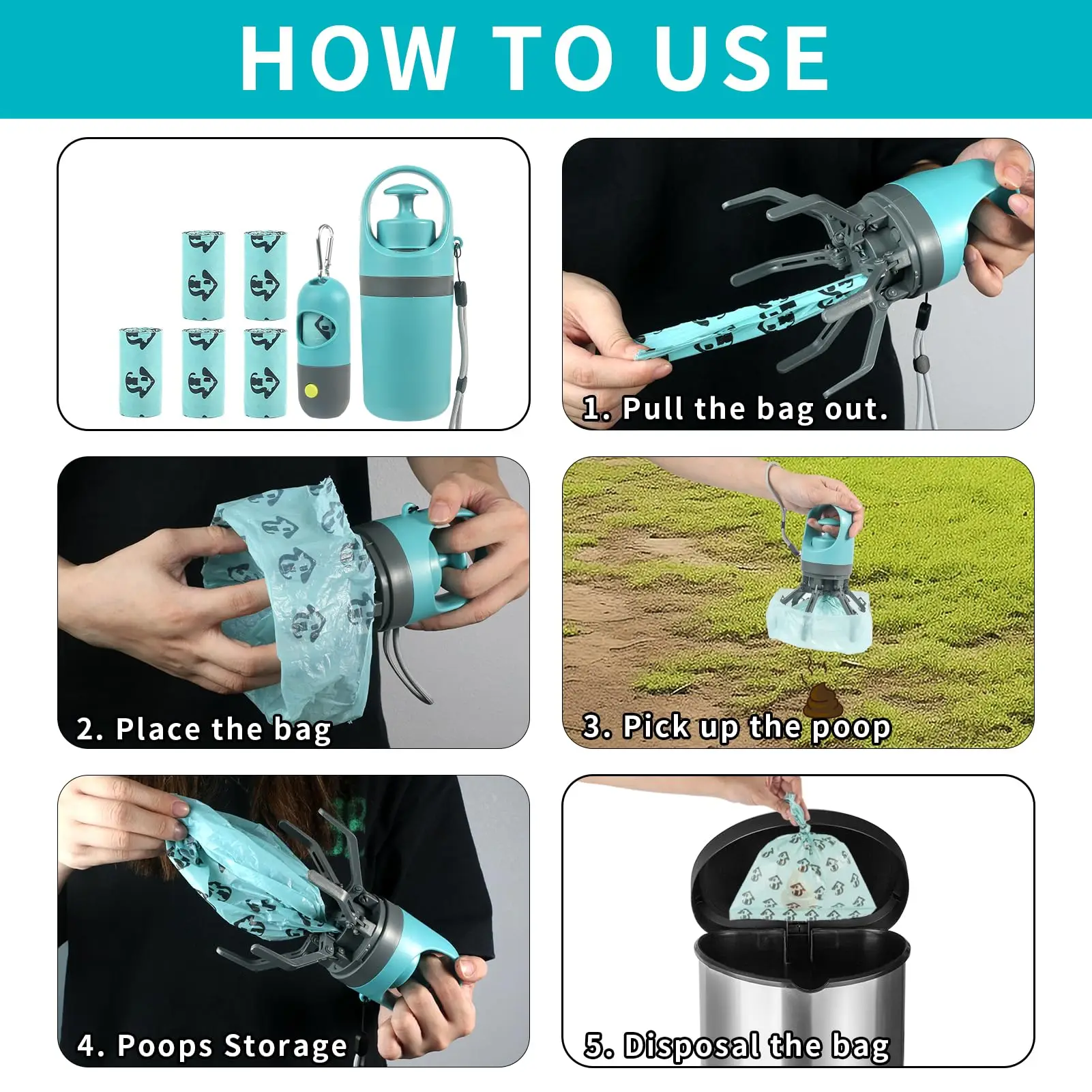 360 Portable Pooper Scooper with Bag Attachment & Dispenser – Lightweight Claw Poop Picker – Ideal for Small & Large Dogs