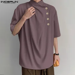 2024 Men Irregular Shirts Solid Color Stand Collar Short Sleeve Fashion Men Clothing Streetwear Loose Casual Male Shirts INCERUN