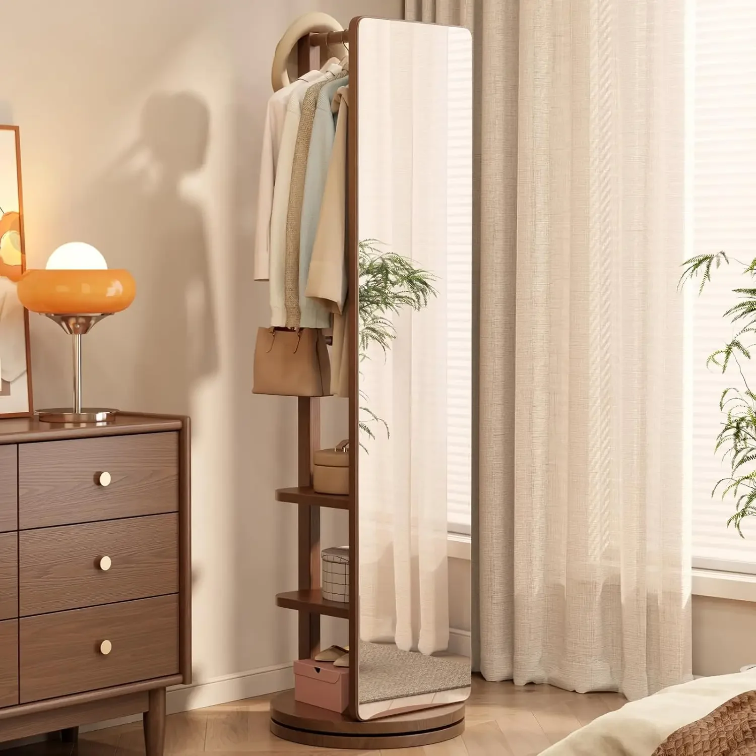 Length Mirror,Full Body Mirror Solid Wood Floor Mirror with Coat Rack 66