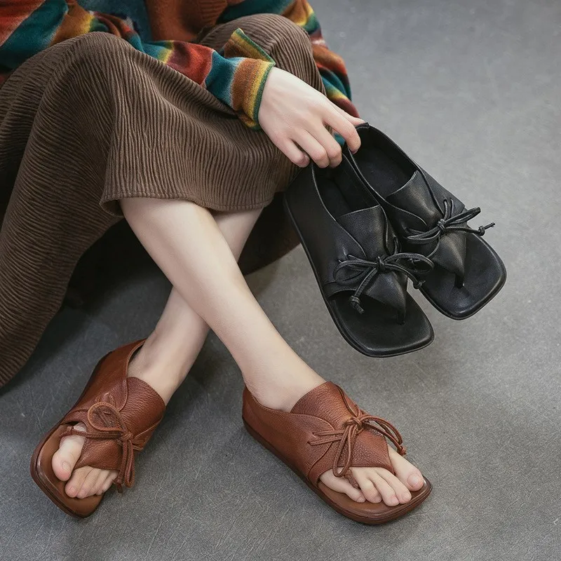 

GKTINOO 2026 Summer New Genuine Leather Peep Toed Flat Sandals Casual Versatile Soft Soled Comfortable Women's Shoes