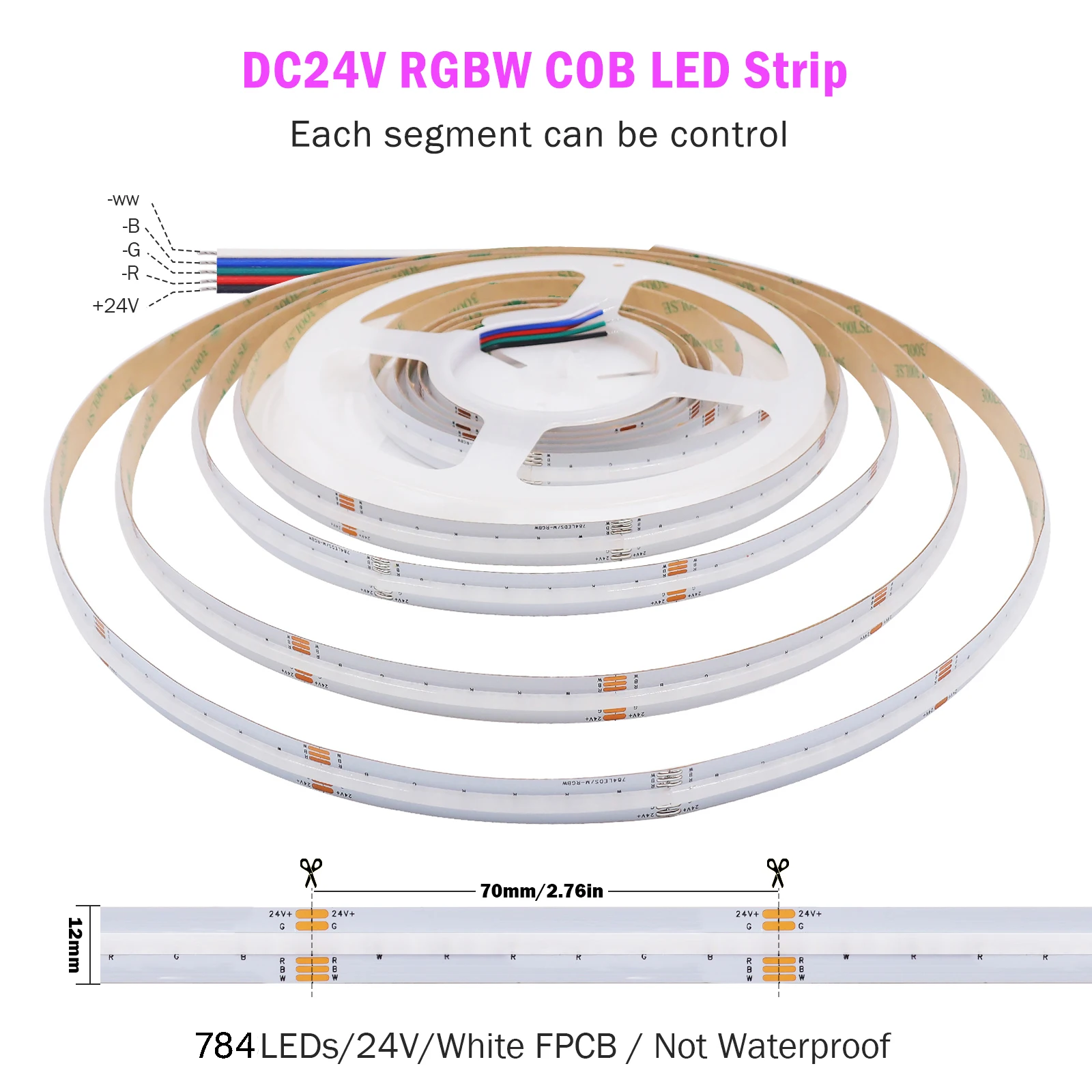 5M COB RGBW RGBWW LED Light Strip 5pin 12mm DC24V 784LEDs RGBW Flexible COB Linear Lights High Density RA90 Dimmable IP30/IP67