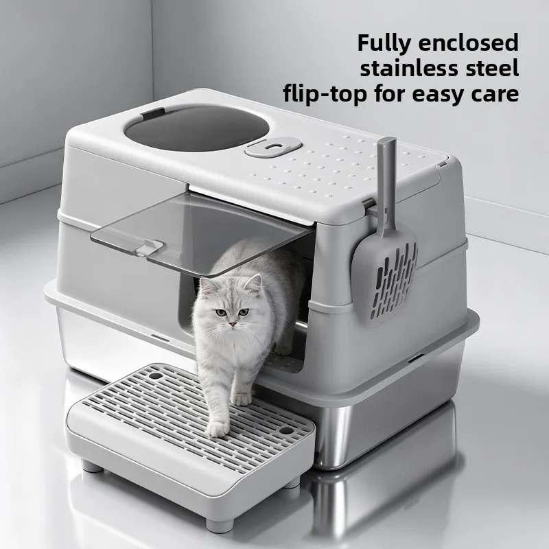 Fully Enclosed Cat Litter Box Side Exit Stainless Steel Odor Proof Detachable Lid Easy Clean Anti Splash Litter Box Cat Toilet