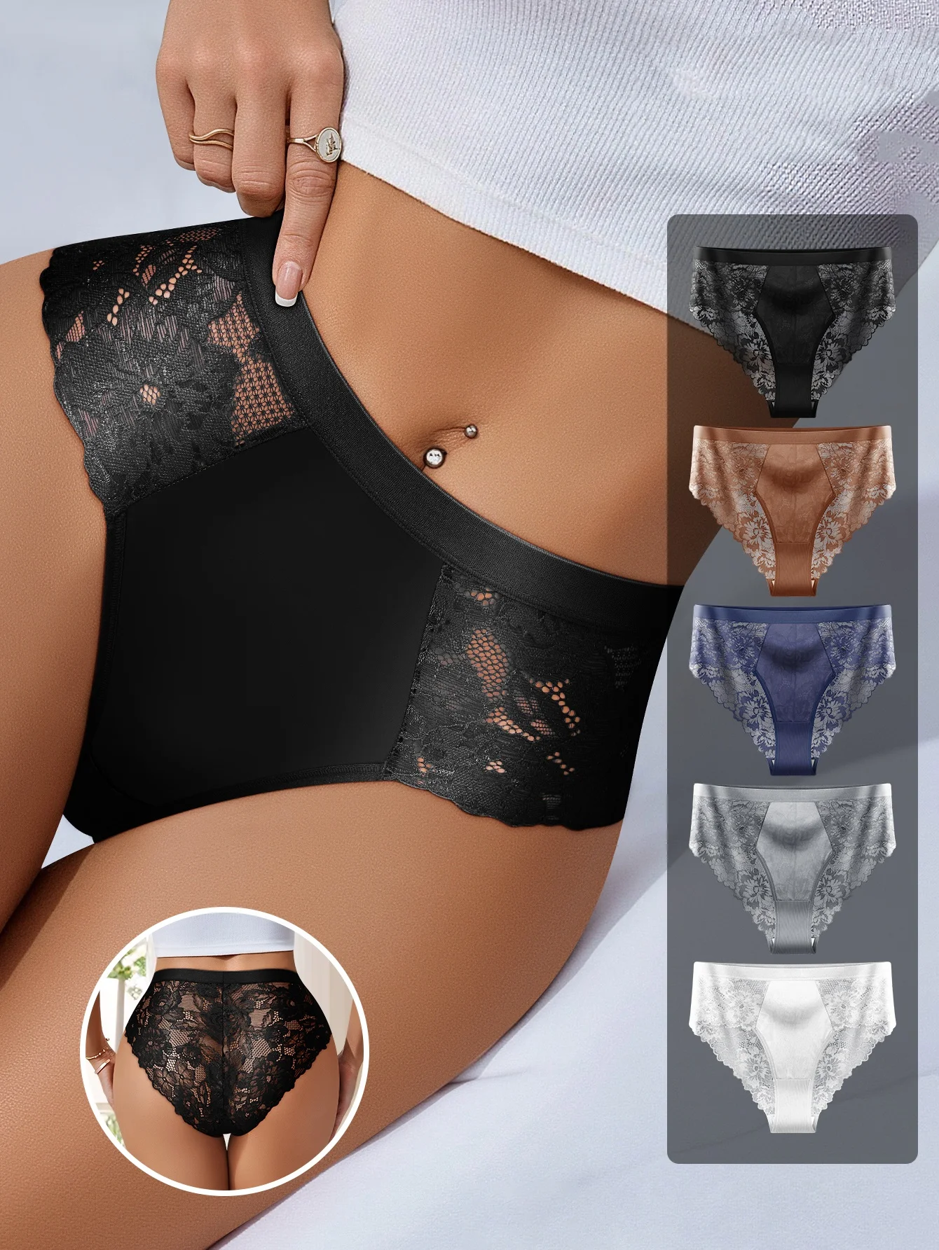 

3Pcs Set Women's Briefs Sexy Small Floral Lace Underwear Mid-waist Hollow Briefs Solid Color Soft Underwear