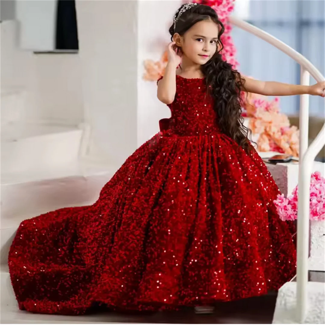 Burgundy Flower Girl Dresses Sequin With Bow And Trailing Sleeveless For Wedding Prom Birthday Party Banquet Princess