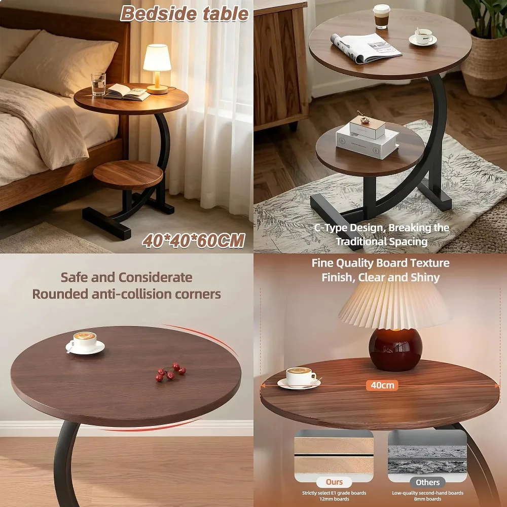 2‑Tier C‑Shaped Round Side Table, Brown Wood‑Grain Sofa End Table With Anti‑Rust Thickened Steel Frame