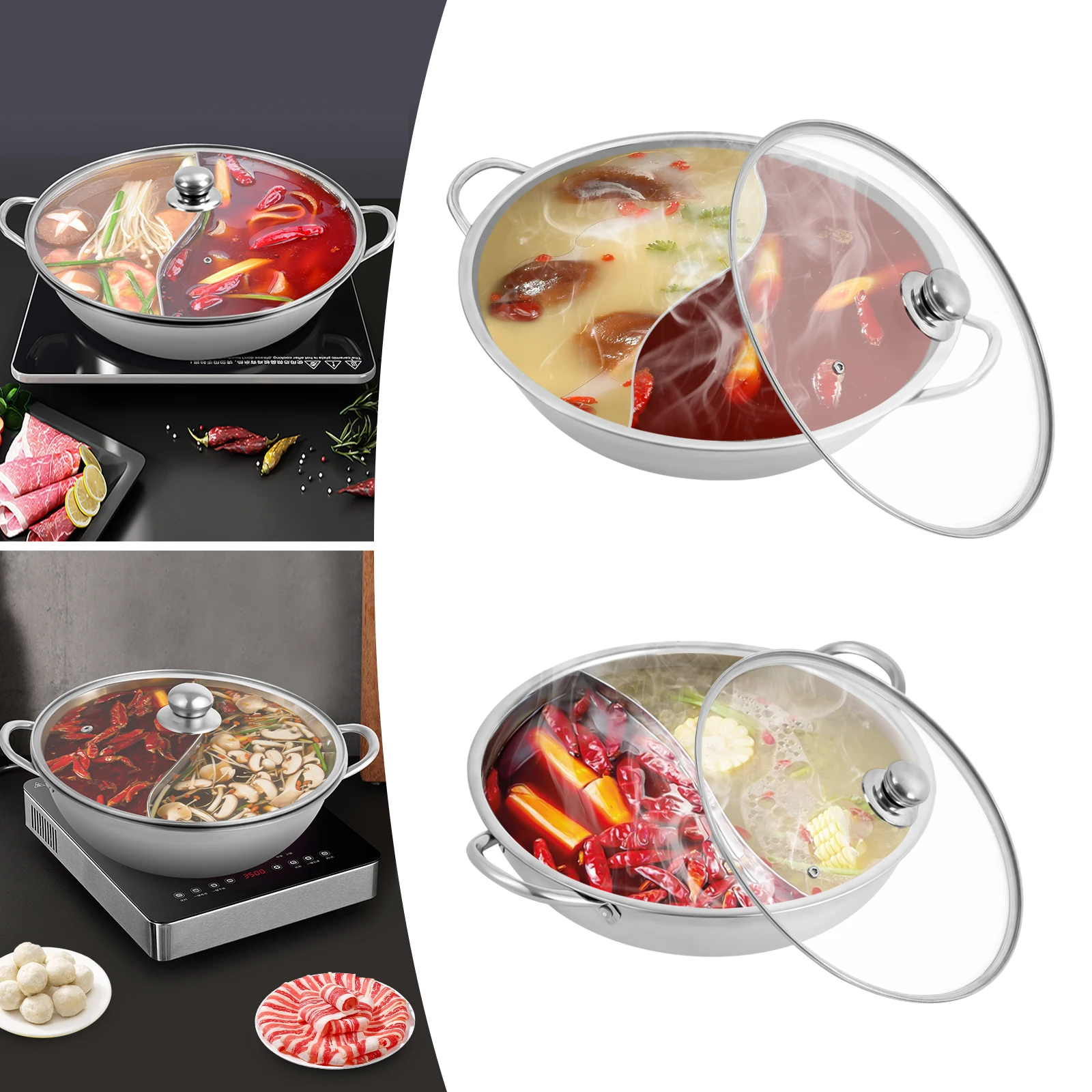 28/34 cm Edelstahl-Hot Pot mit Trennwand, Shabu-Topf mit Glasdeckel, Hot Pot-Set, geeignet für Induktionsöfen, Gasherde – Detail 1