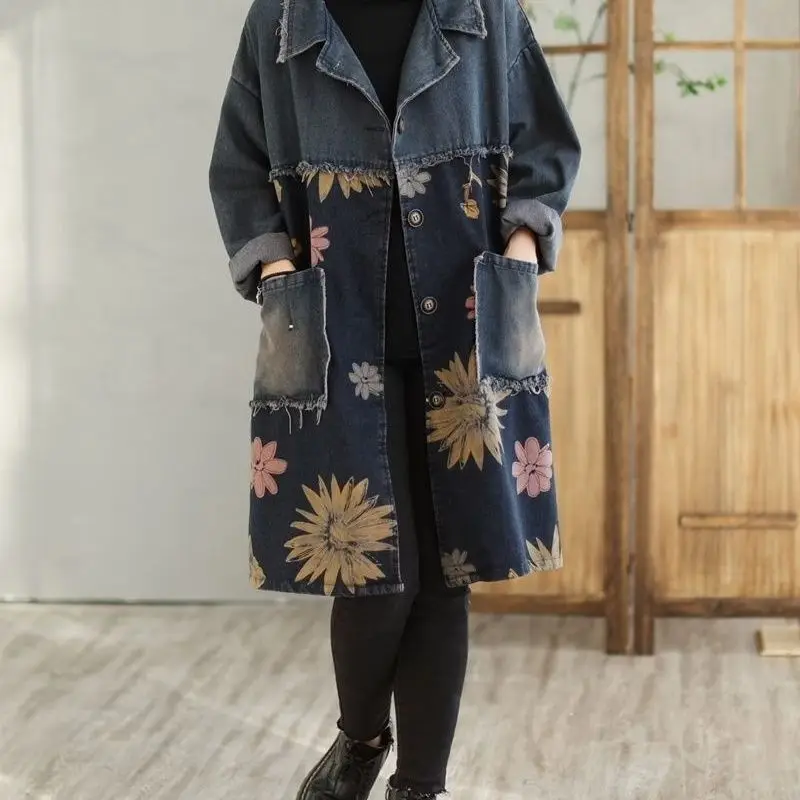 Medium And Long Denim Jacket Women's 2026 Spring New Printed Splicing Top Loose Large Size Korean Lapel Trench Coat