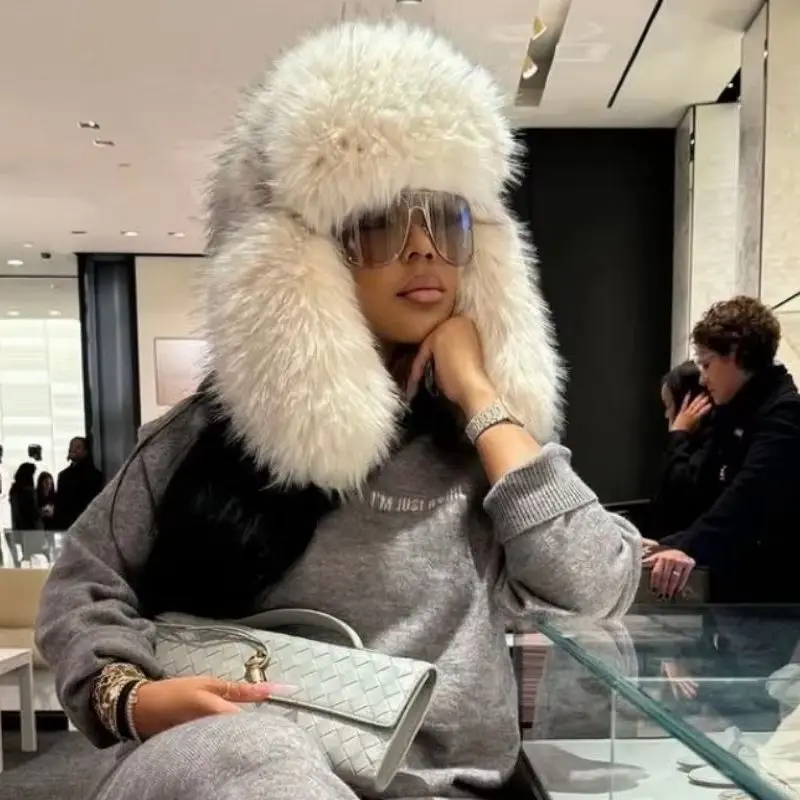 Warm Faux Fox Fur Earflap Hat for Women Thick Fluffy Fuzzy Trapper Cap Plush Winter Ushanka Hat Outdoor Cold Headwear Streetwear