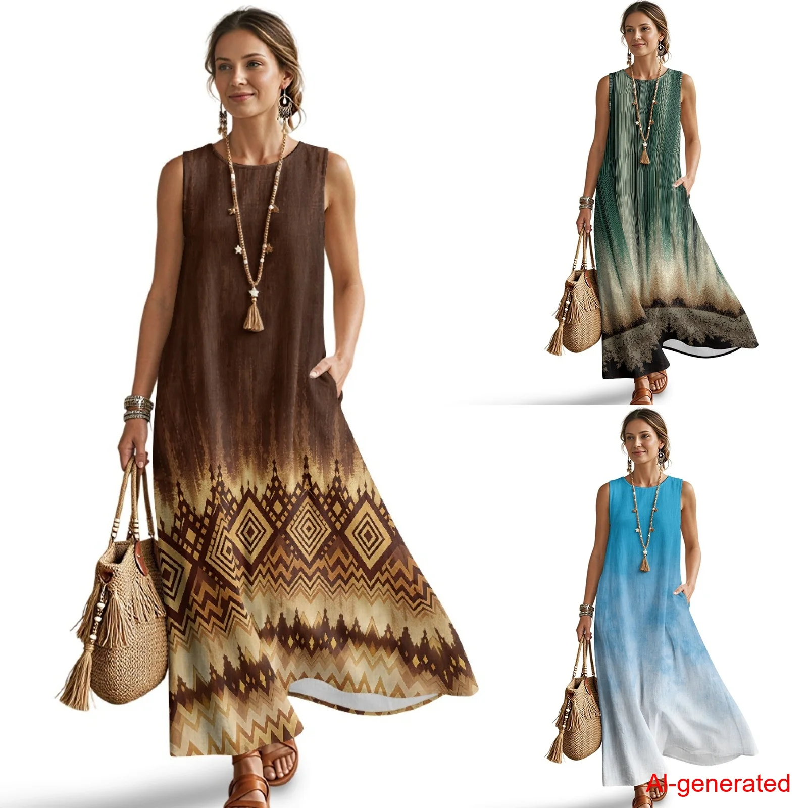 

INSTANTARTS Imitation Linen Loose Vest Long Skirt Colorful Tie-Dye Women's Linen-Like Maxi Dress Long Sundress Hawaiian Outfits
