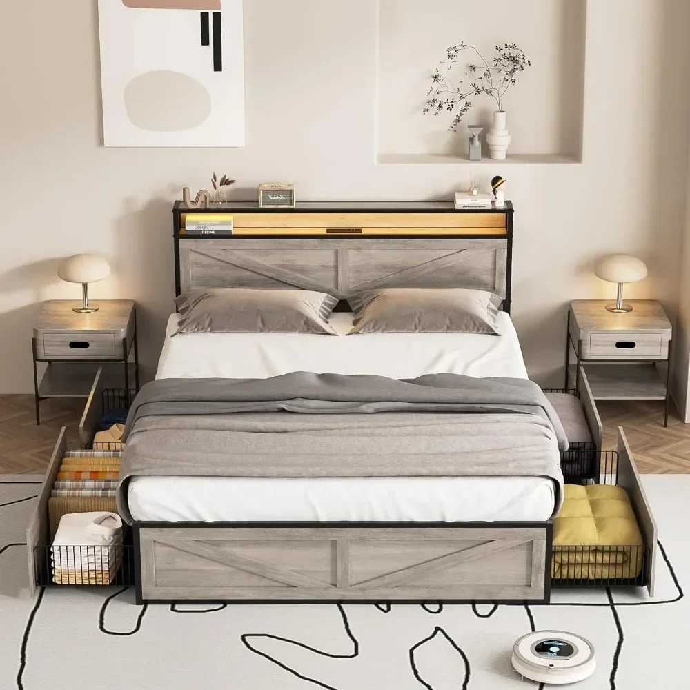 

Full Bed Frame with Charging Station & 4 Drawers，Metal Bed Frame with Headboard USB Ports Outlets，Noise Free，LED Bed Frame