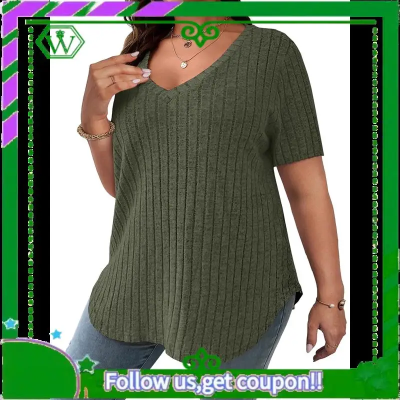 

A18P-Women's Plus Size Casual Tops V Neck Solid Color Shirts Lightweight- Short Sleeve Blouses