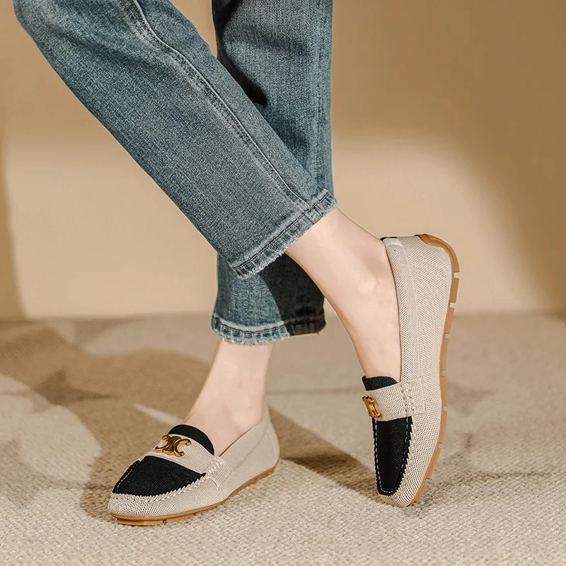 Women's Knitting Square Head Flat Shoes Soft Sole Comfortable Anti slip Casual Bean Causal Shoes 2024 Fashion New Spring