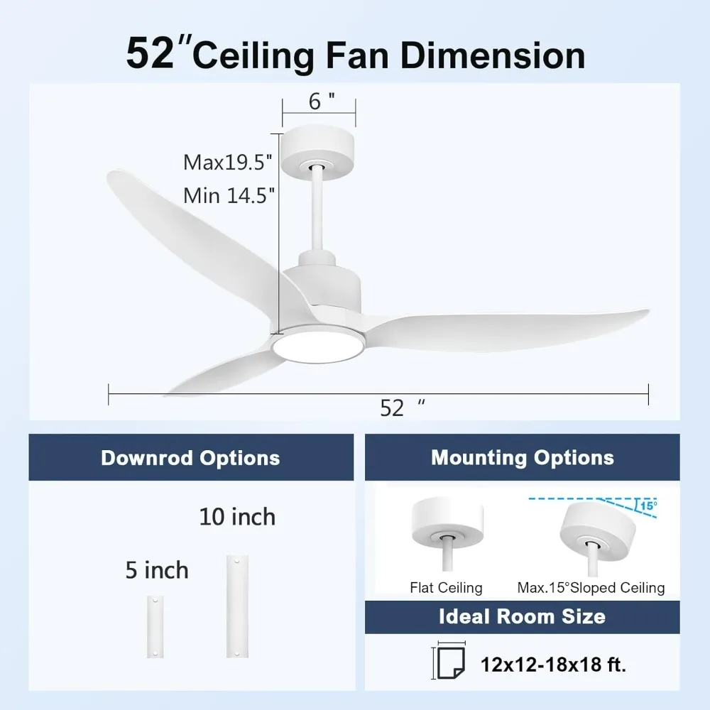 مروحة سقف حديثة بيضاء مقاس 52 بوصة مع ضوء وجهاز تحكم عن بعد، تشغيل هادئ، شفرات قابلة للعكس، إضاءة قابلة للتعتيم لغرفة النوم #3