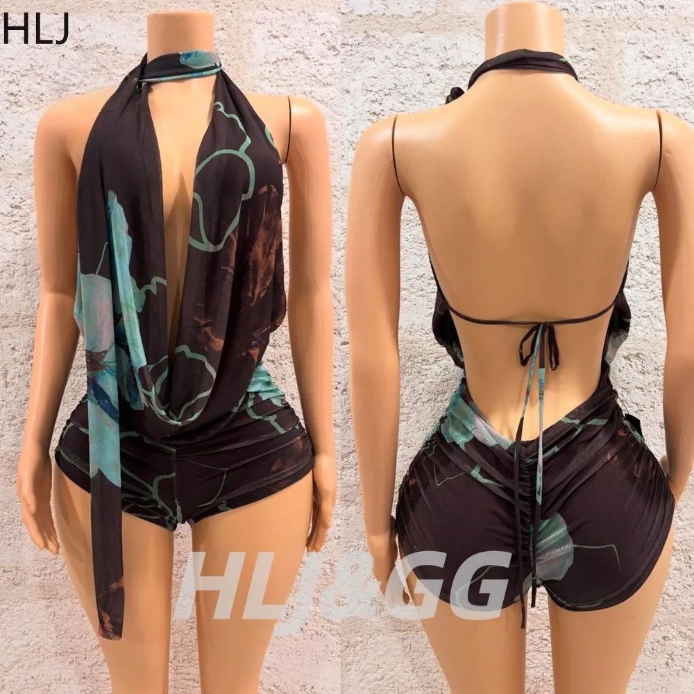 HLJ Summer Fashion Mesh Floral Print Bodycon Jumpsuits Women Halter Deep V-neck Sleeveless Backless Rompers Streetwear Overalls