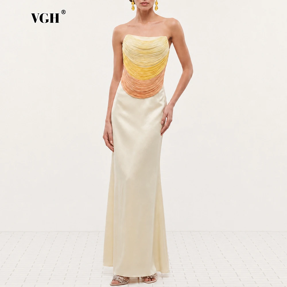 VGH Elegant Chic Gradient Strapless Mermaid Maxi Dress for Women Smooth Glossy Satin for Evening Banquet Party Formal Occasion