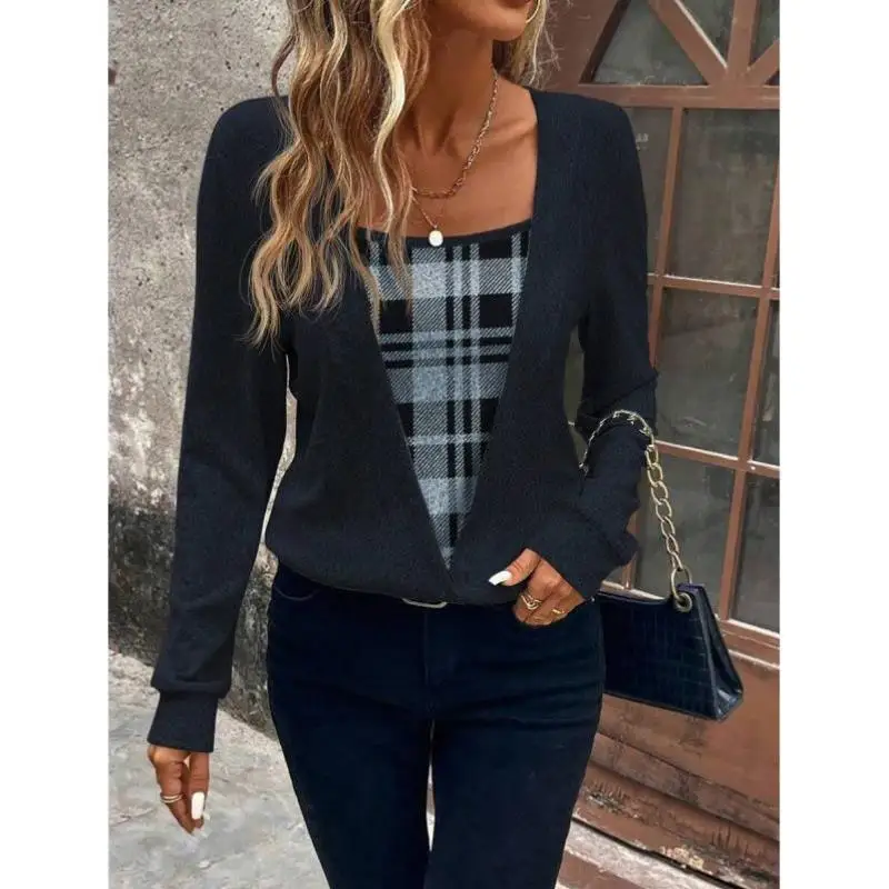 

Новая женская клетчатая лоскутная длинная повседневная толстовка Све, удобная свободная толстовка с капюшоном, весенний сезон, открытый кардиган на подкладке Fce