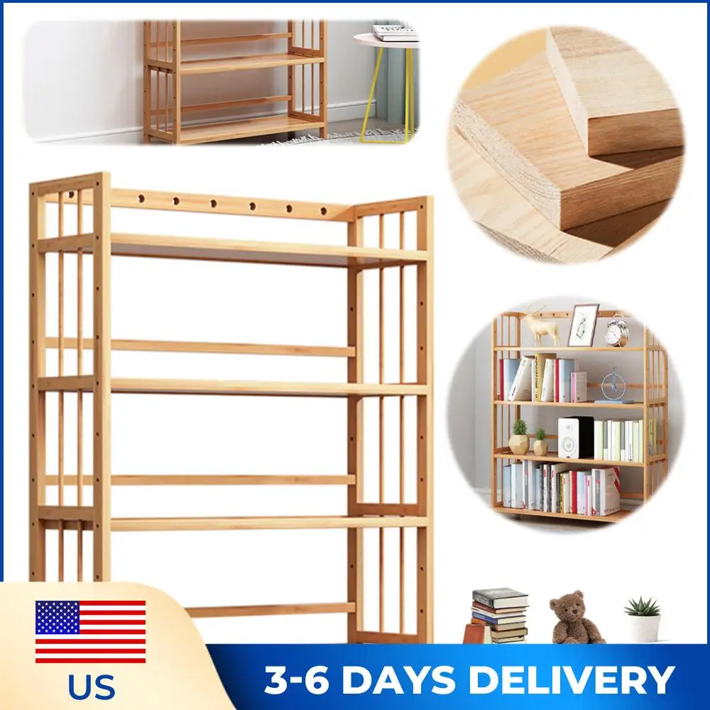 

4-Tier Bamboo Shelf Large Capacity Simple Bookcase Multi-Function Free-Standing Storage Rack for Bathroom Kitchen Living Room