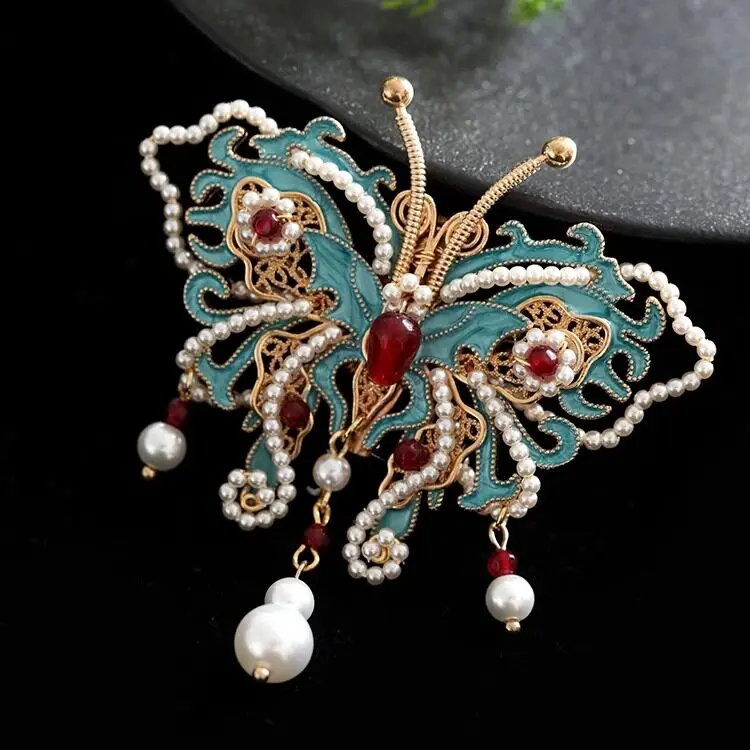 Chinese Style Hanfu Enamel Butterfly Brooch Faux Pearl Tassel Vintage Lapel Pin For Women Winter Coat Cheongsam Fashion Clothing