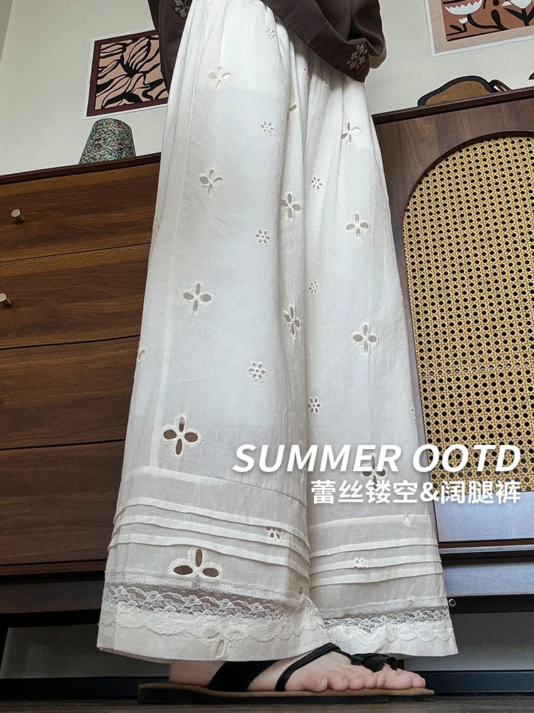 

Широкие брюки, легкие женские весенние шифоновые эластичные саржевые регулируемые складки, модальные шнурки, простая уникальная вышивка