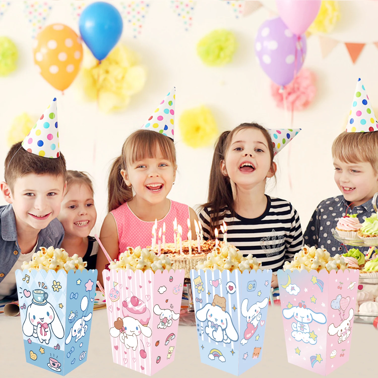 12/24 قطعة لوازم الحفلات سينامورول صندوق الفشار حمام الطفل صندوق البسكويت حفلة مرحبا كيتي موضوع حفلة عيد ميلاد عبوة طعام