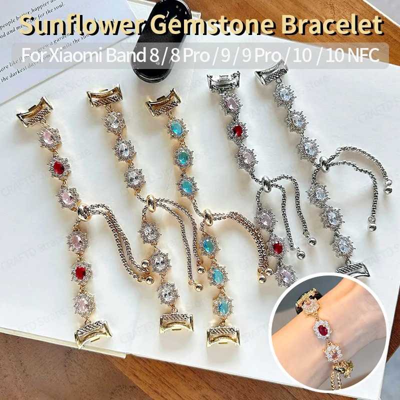 Retro Sunflower Gemstone Diamond Strap for Xiaomi Mi Band 10 9 8 9Pro Telescopic Link Bracelet for Redmi Watch 6 5 4 Accessories