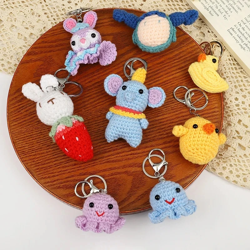 Cute Handmade Diy Weaving Keychain Wool Crochet Unique Knitted Pendant Keyring Bag Car Key Ring Charms Woolly animals Gift