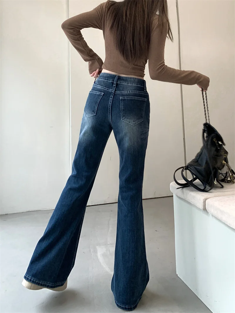 Y2K Hot Girl Retro Flared Jeans for Women High-Waisted Washed Distressed Floor-Length Pants Slimming Height-Enhancing Leg-Lengthening  Versatile Good Quality