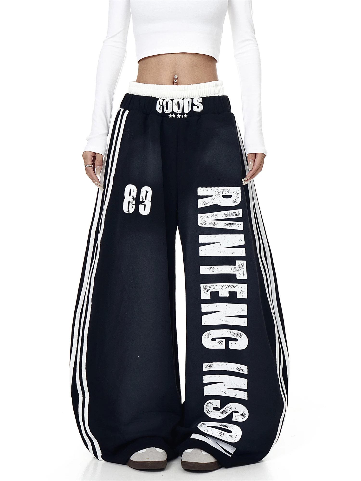 Women's Y2K Baggy Sweatpants with Big Letter Print Side Stripes Streetwear Loose Wide Leg Trousers Casual Hip Hop Fashion Pants