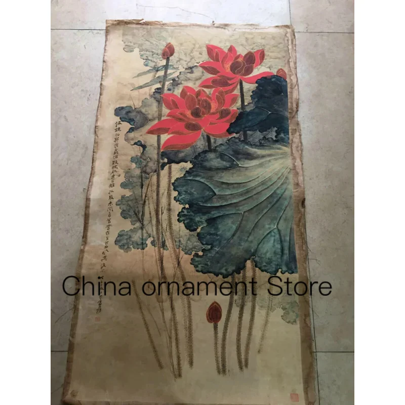 

Chinese Old Scroll Zhang Daqian - Golden thread lotus Pictures Painting Rice