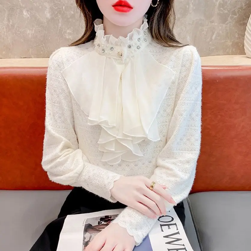 Fashionable Long Sleeve Lace Base Shirt Women's Outerwear Autumn Stylish Design Trendy Top Quality Material Sleeveless E11271