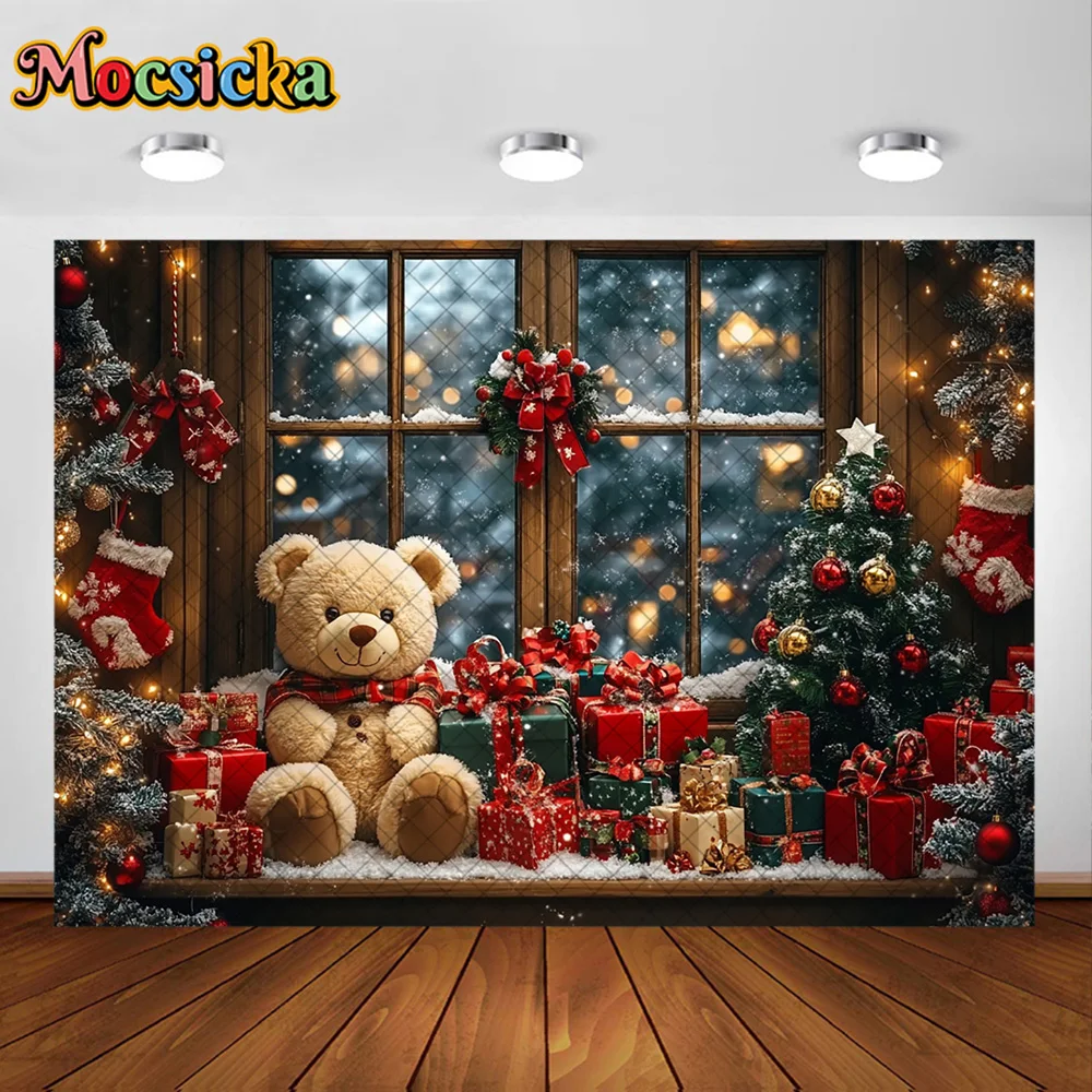 Mocsicka التصوير خلفية لعبة لطيفة غرفة الدب عيد الميلاد الديكور الاطفال عيد الميلاد عطلة لوازم الخلفيات للصور