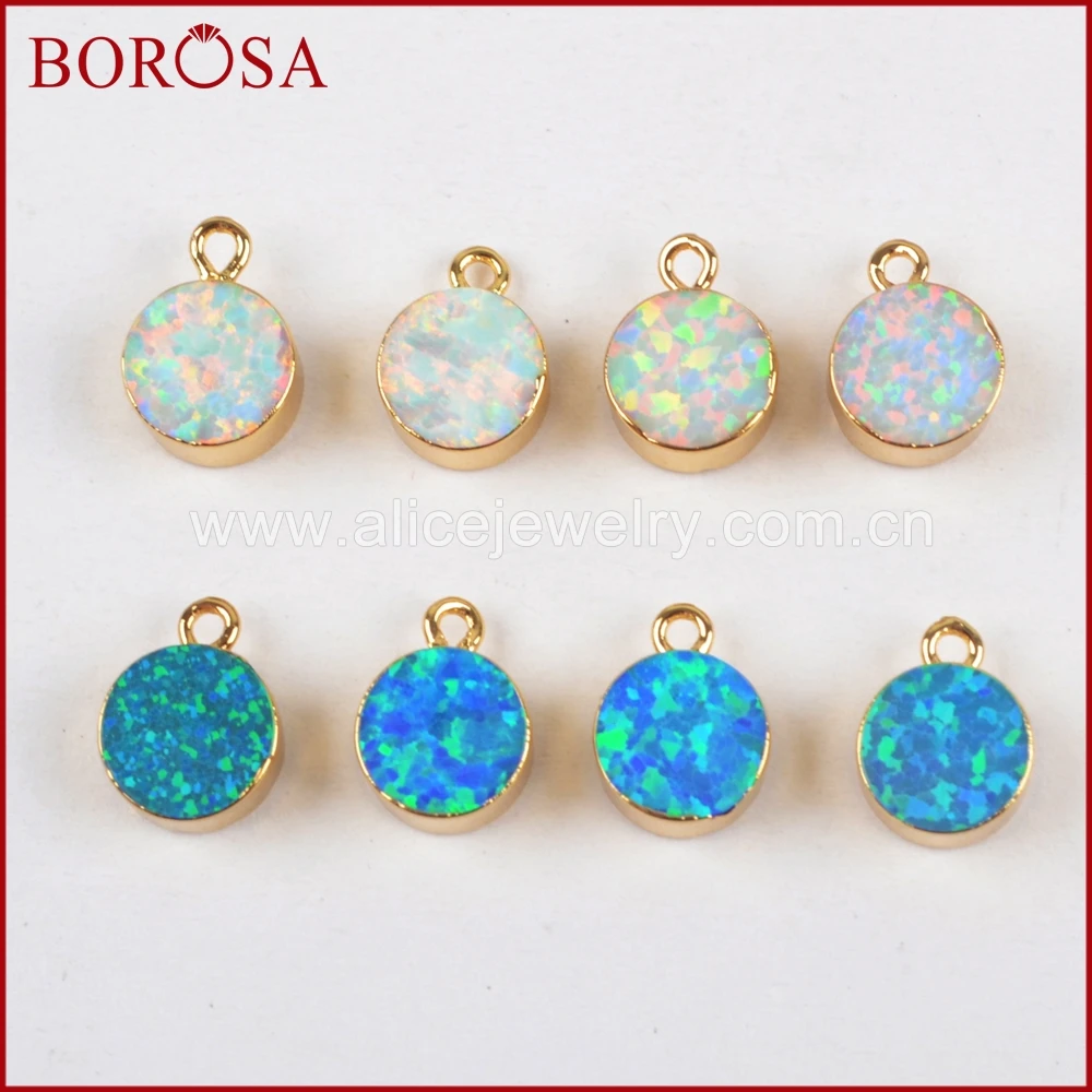 Fashion 7mm Round Shape Gold Plated Man-made White Blue Opal Charm for Necklace/Earrings Making