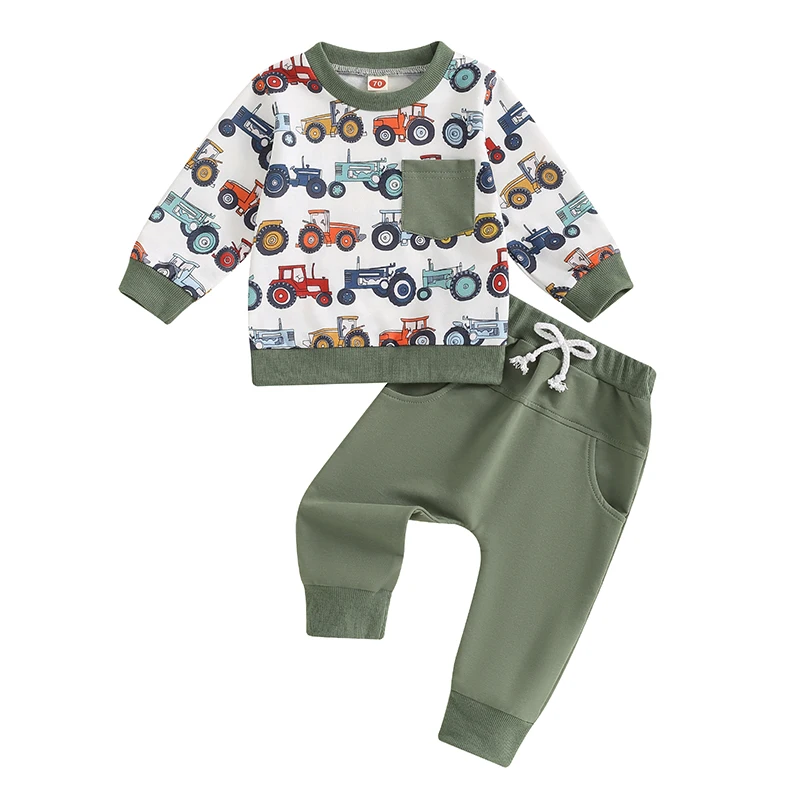 

Baby Boys Pants Set Long Sleeve Crew Neck Tractor Print Sweatshirt with Elastic Waist Sweatpants Infant Clothes