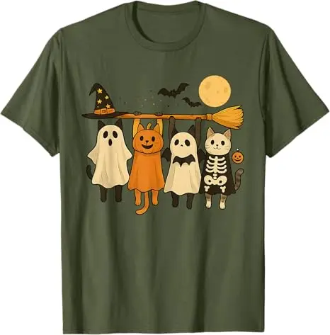 Cute Halloween Cat Ghost Pumpkin Skeleton T-Shirt Spooky Season Novelty Gift Humor Funny Kitty Y2k Graphic Outfit Saying Tee Top