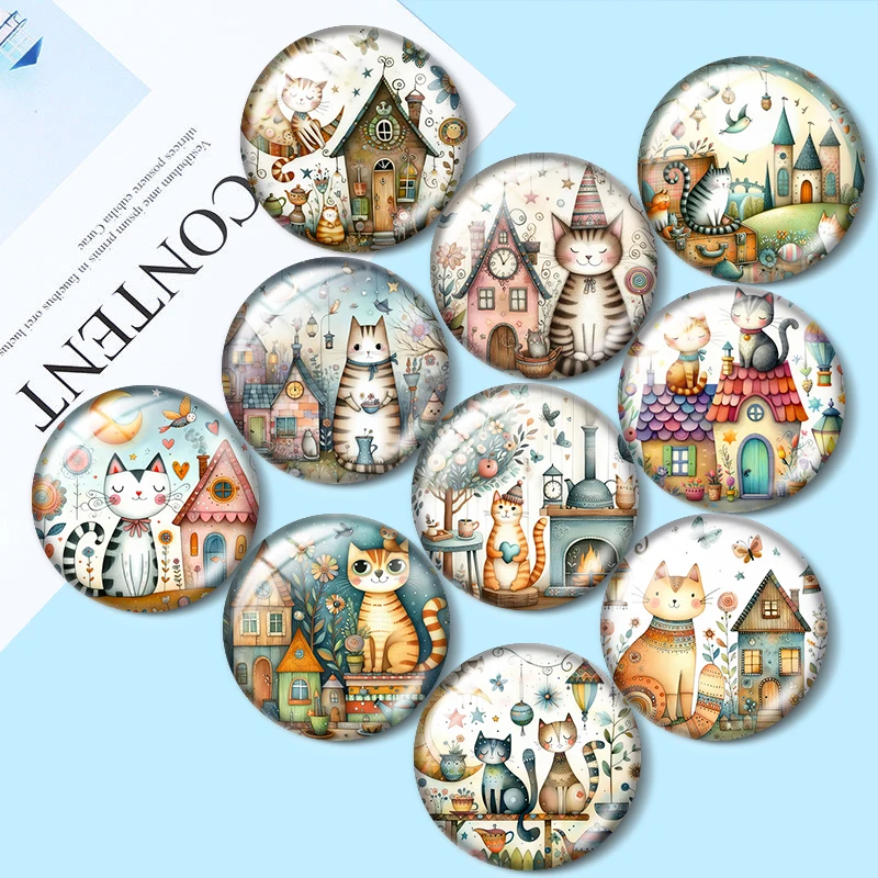 Whimsical Cat Images 12mm/18mm/20mm/25mm Okrągły szklany kaboszon fotograficzny demo z płaskim tyłem Dokonywanie ustaleń