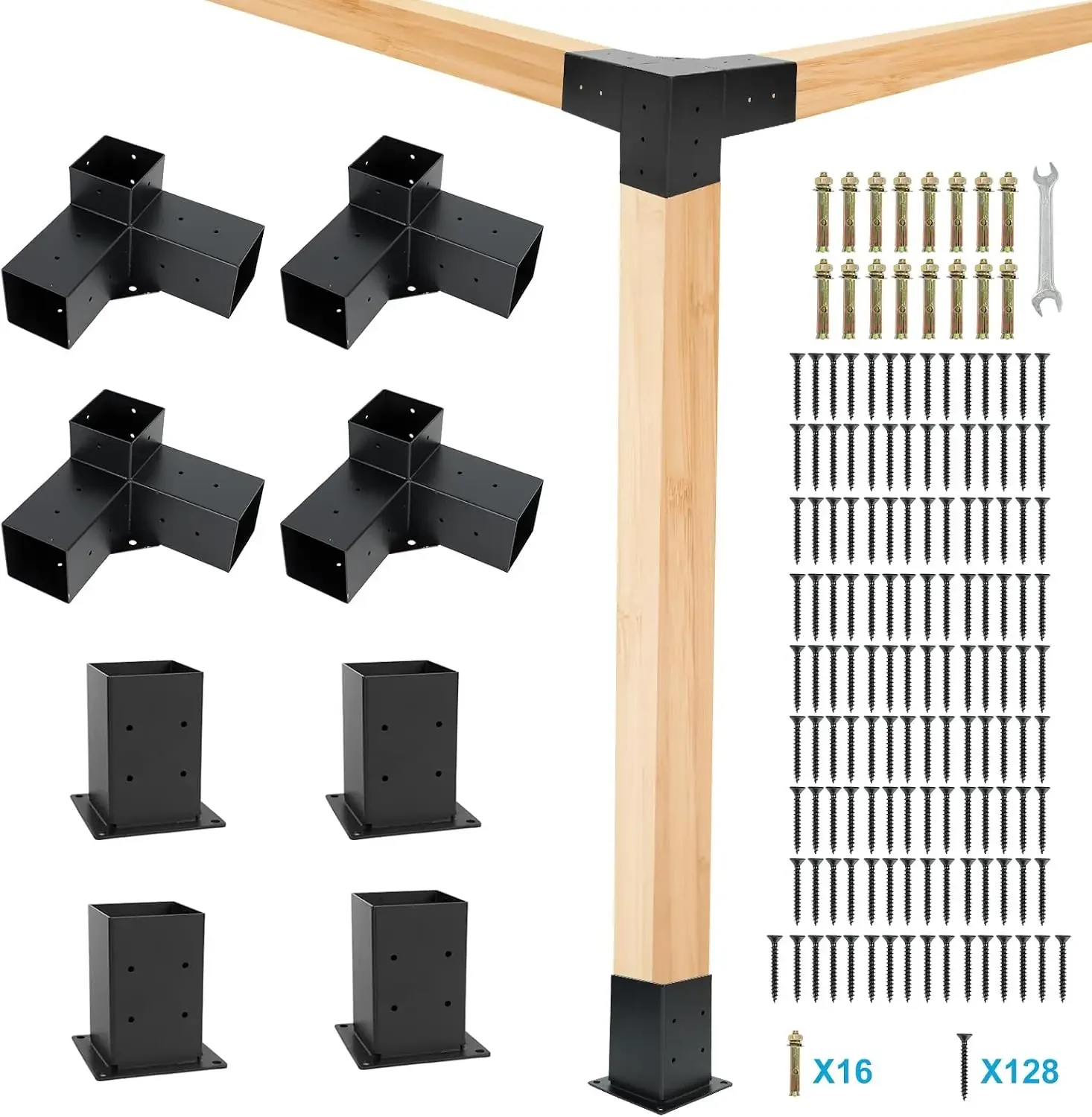 Gazebo Brackets Kit, Pergola Brackets Kit, 4 Pack 3-Way Right Angle Corner Bracket 4x4(Actual: 3.5x3.5'') with Post Base