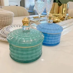 Colored Glass Jewelry Cotton Swab Box Woven Embossed Candy Jar Crystal Glass with Lid Dried Fruit Jewelry Sundries Storage Jar