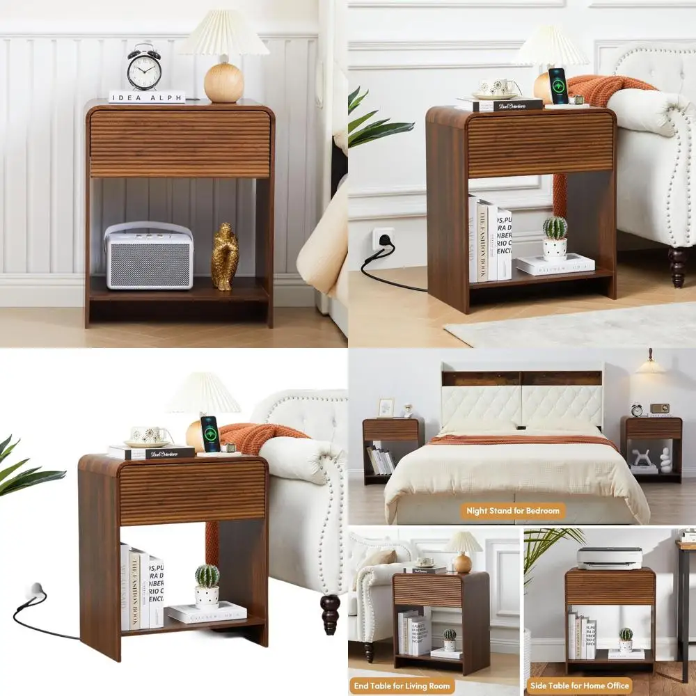 

Mid Century Modern Fluted Nightstand with Charging Station and Drawer Storage, Large Wooden Bedside Table for Bedroom, Living Ro