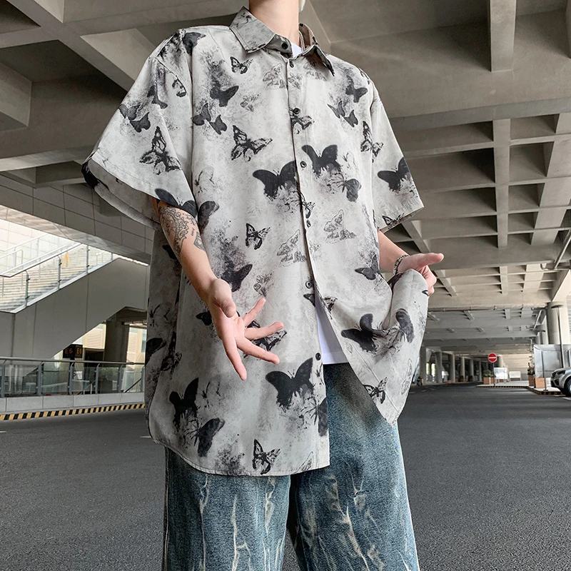 

Chinese Style Ink Painting Shirts Men's Clothing Vintage Butterfly Summer Loose Lapel Short Sleeve Casual Single-breasted Shirts