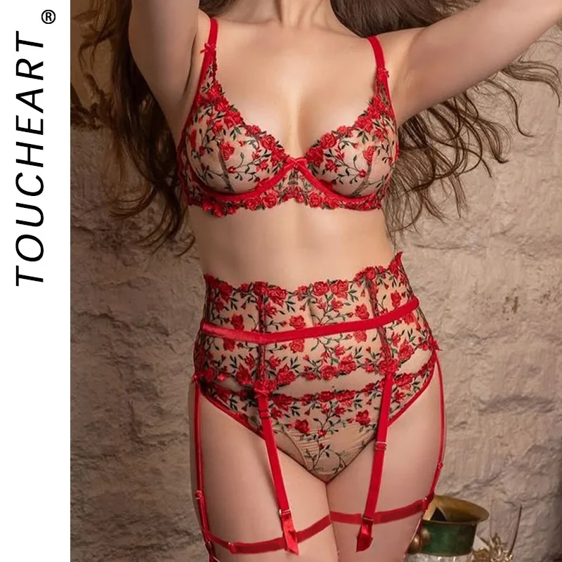 

Toucheart Erotic Lingerie Embroidery Retro Rose Fishbone Girdle Body Shaping Women See-through Sexy Intimate Underwear Split Kit