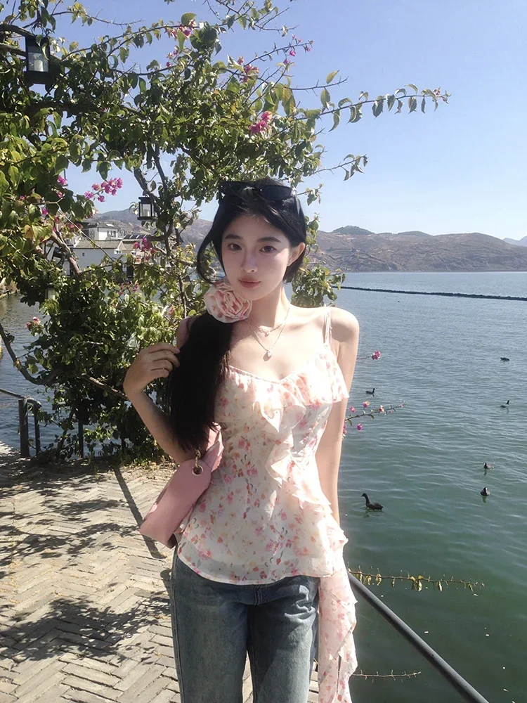 

Summer Chiffon Floral Blouse Women Casual Y2k Crop Tops Beach Style Korean Fashion Clothing Chic Tank Tops Vest Female Shirts