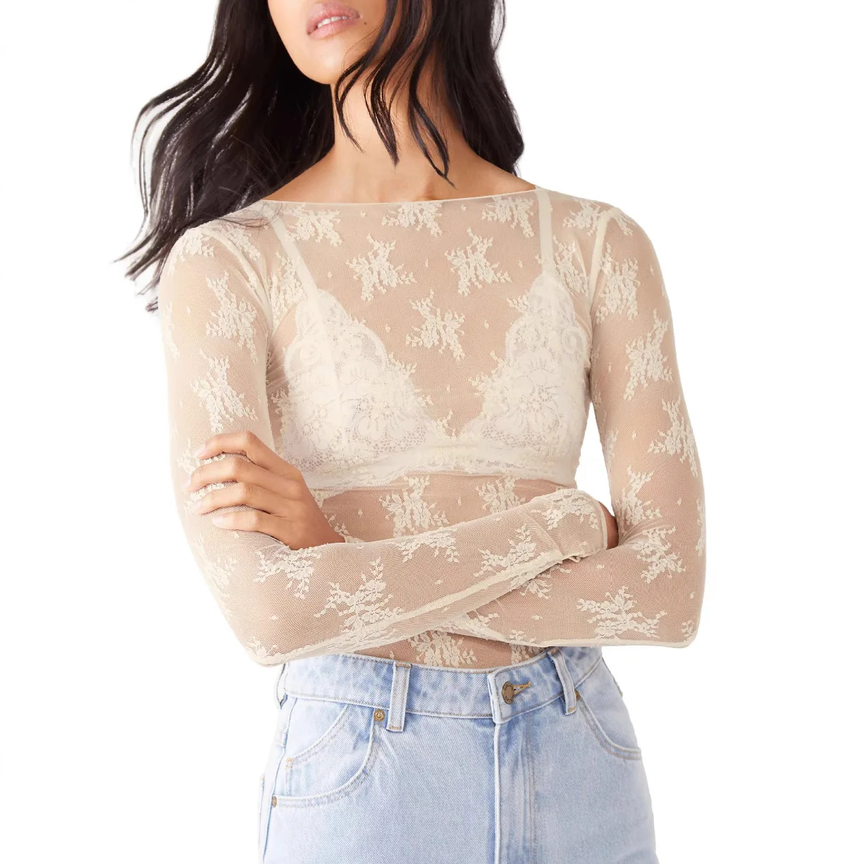 كلمة واحدة الكتف مثير منظور شبكة الدانتيل قاع قميص سليم المناسب بأكمام طويلة التوابل الفتيات تي شيرت شعبية SU40282025 ne #5