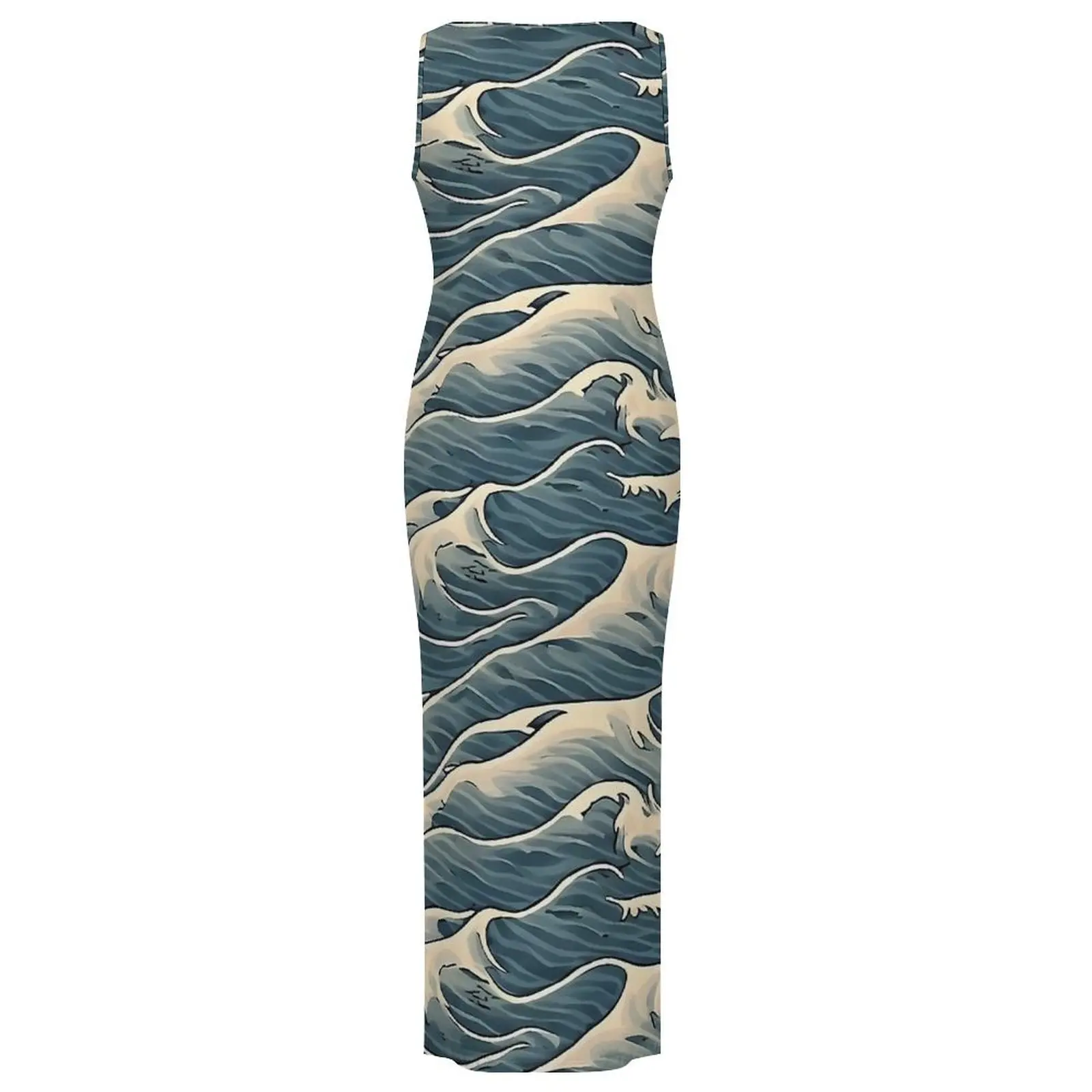 여성 바디콘 드레스 클럽 섹시 오션 블루 웨이브 프린트 맥시 드레스 봄 민소매 스트릿 패션 그래픽 드레스 큰 사이즈